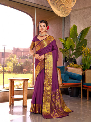 Yogik Creation Floral Print Banarasi Silk Blend Saree(Purple)