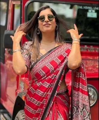 TRUORIGIN Printed Bollywood Crepe, Silk Blend Saree(Red)