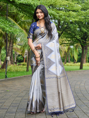 Gariya Fab Self Design Banarasi Cotton Blend Saree(White)