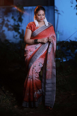 kaizen International Printed Bollywood Linen Saree(Multicolor)