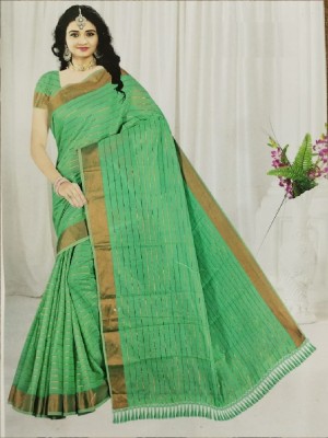 Bal Govind Enterprises Striped Bollywood Cotton Blend Saree(Green)