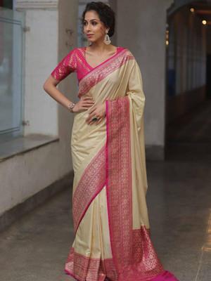 GATISHVAM TEXTILE Woven, Self Design Banarasi Art Silk Saree(Cream, Pink)