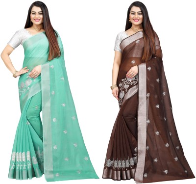 JS Clothing Mart Embroidered Daily Wear Cotton Silk Saree(Pack of 2, Green, Brown)