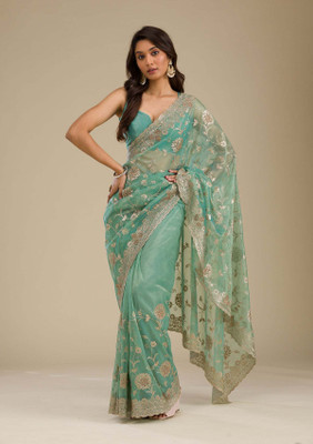 KOSKII Embroidered Bollywood Tissue Saree(Green)