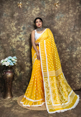 RIDDHIMAN FASHION Woven Jamdani Cotton Silk Saree(Yellow, White)