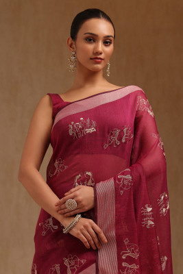 soch Printed Saree with Attached Blouse Chanderi Saree(Red)