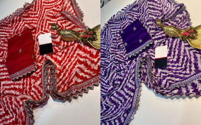 Clever Clothing Geometric Print, Striped, Embellished Bollywood Georgette Saree(Red, Purple)