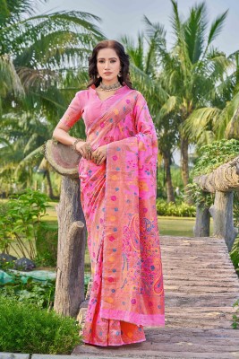 Divastri Striped, Embellished, Floral Print Kalamkari Silk Blend, Pure Silk Saree(Pink)