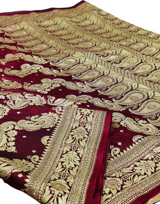 Royalsilk Embellished Banarasi Handloom Silk Blend Saree(Brown)