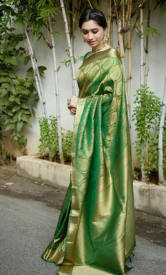 ESOMIC Solid/Plain Banarasi Pure Silk Saree(Green)