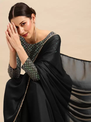 QUEDDY'S Embroidered, Solid/Plain Bollywood Georgette Saree(Black)