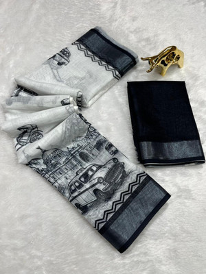 FULIYA SILK Digital Print, Graphic Print, Printed Daily Wear Linen Saree(White, Black)