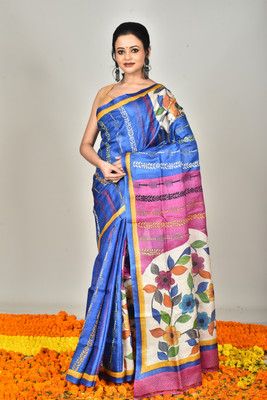Ramshyam Collection Woven Kantha Pure Silk Saree(Blue)