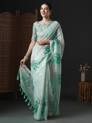 Sareemall Floral Print Bollywood Organza Saree(Light Green)