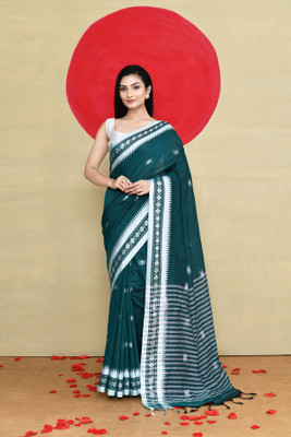 maa textile Woven Handloom Cotton Blend Saree(Green)