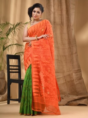 Krishneshwari Self Design, Woven Jamdani Pure Cotton Saree(Orange, Green)