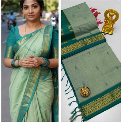 gadwal Solid/Plain Banarasi Cotton Blend Saree(Green)