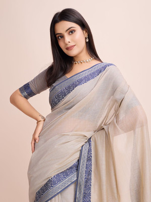 COSBILA FASHION Solid/Plain, Embroidered Daily Wear Pure Cotton Saree(Beige)