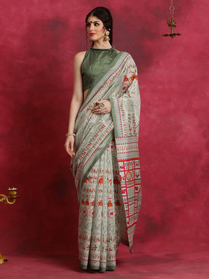 Divastri Printed Sambalpuri Silk Blend Saree(Light Green)