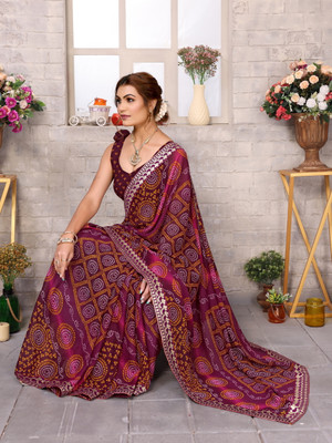 YASHIKA Printed Bollywood Georgette, Lace Saree(Purple)