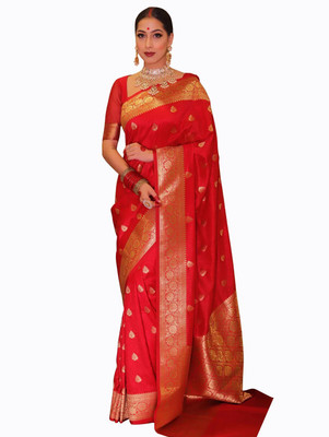 LAVISHBOI Solid/Plain Saree with Attached Blouse Art Silk Saree(Red)
