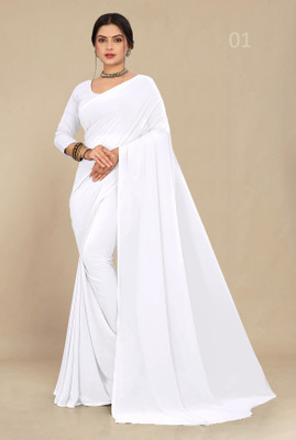Veer Vision Dyed, Solid/Plain Daily Wear Georgette, Polyester Saree(White)