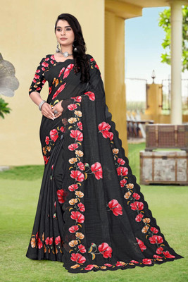 supalee tex Digital Print Bollywood Linen Saree(Black)