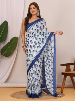 Shiv Shakti Emorium Printed Daily Wear Pure Cotton Saree(White)
