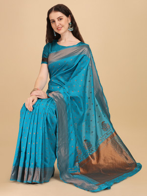Handsel Woven, Self Design, Printed Kanjivaram Cotton Blend Saree(Light Blue)