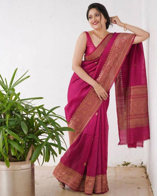 otfit feb private limited Woven, Temple Border, Self Design Banarasi Silk Blend Saree(Pink)