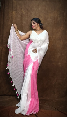 SARATHITEXTILE Checkered Handloom Cotton Blend Saree(Pink)