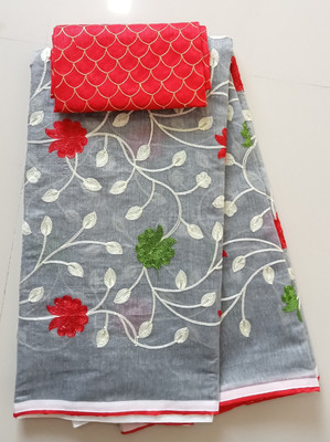 TRIPZIRA Embroidered Chanderi Cotton Linen Saree(Grey)