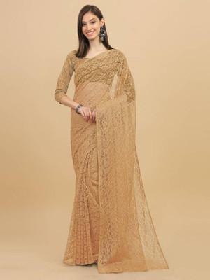 Verviza Self Design Bollywood Net Saree(Beige)