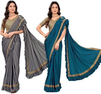 HARIOM FASHION Solid/Plain Bollywood Lycra Blend Saree(Pack of 2, Multicolor)
