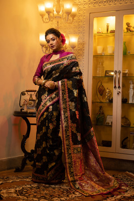 PeachPetals Woven Banarasi Cotton Silk Saree(Black)