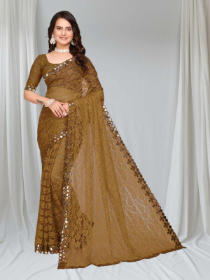 MAA CREATION Embellished Bollywood Net Saree(Brown)