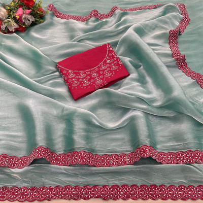 HouseOfCommon Embellished Bollywood Silk Blend Saree(Light Blue)