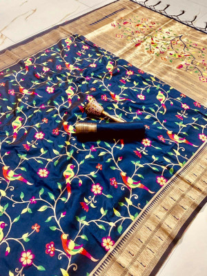 Pandadi Saree Woven Paithani Silk Blend Saree(Dark Blue)