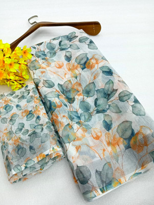 Saaransh Floral Print Kanjivaram Linen, Cotton Silk Saree(Multicolor)