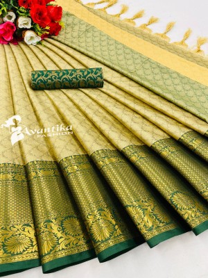 AVANTIKA FASHION Printed, Temple Border, Woven, Embellished Banarasi Art Silk, Cotton Silk Saree(Cream, Green)