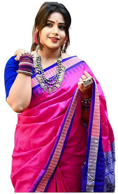 Afronza Solid/Plain, Woven, Temple Border Sambalpuri Pure Silk, Jacquard Saree(Pink, Dark Blue)