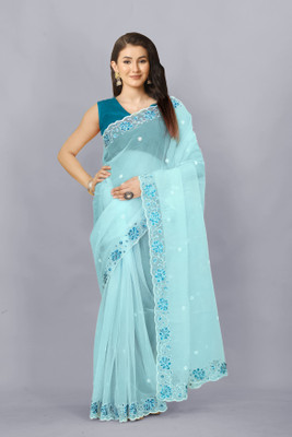 TIRTH CREATION Embroidered Bollywood Supernet Saree(Light Blue)