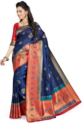 Manokamna Self Design Kanjivaram Silk Blend Saree(Dark Blue)