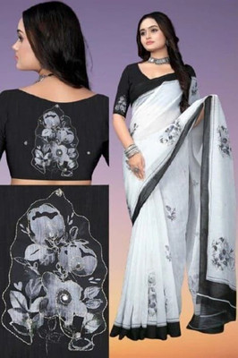 Myraani Floral Print Kantha Cotton Linen Saree(Black)