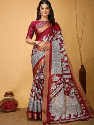 Anouk Rustic Printed Chinnalapattu Cotton Blend Saree(Maroon)