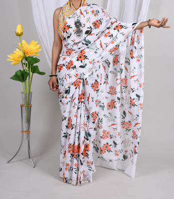 Threadier Printed Bollywood Pure Cotton Saree(White)