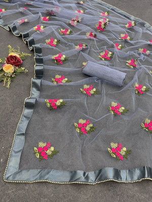 vallavi fashion Embroidered Bollywood Net Saree(Grey)