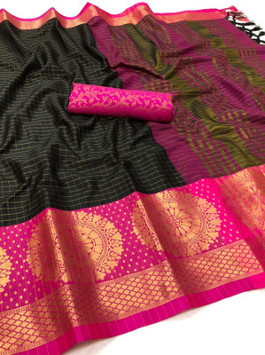 HouseOfCommon Woven Daily Wear Art Silk, Cotton Silk Saree(Black, Pink)