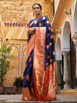 Janasya Woven, Self Design Banarasi Silk Blend Saree(Blue)