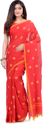 TANTLOOM Polka Print Handloom Handloom Cotton Blend Saree(Red, Yellow)